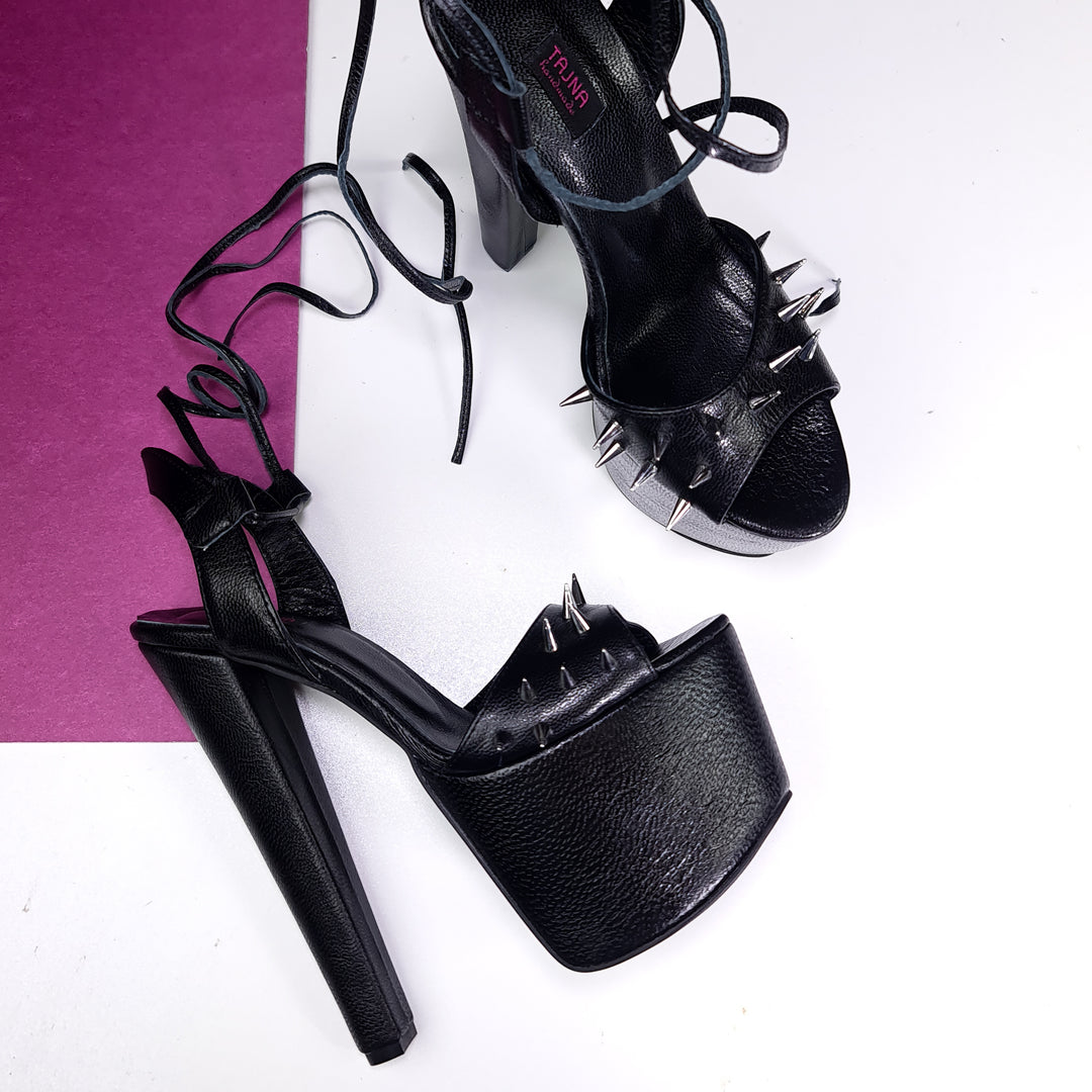 Spike Detailed Black Matte Platform Sandals