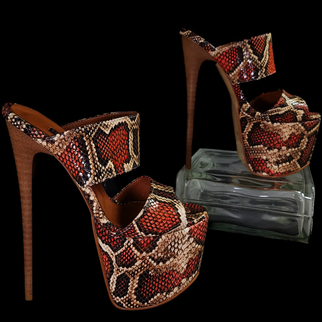 Snake Print Genuine Leather High Heel Mules