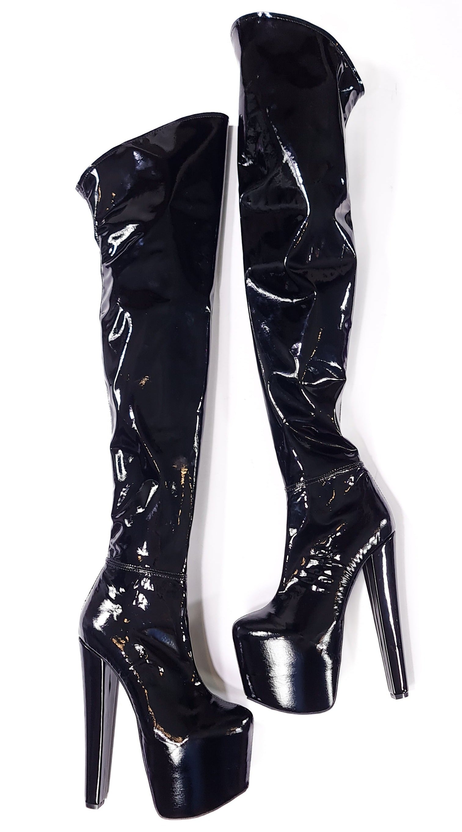 Trend4us Tropical Print Patent Over-The-Knee Block Heel Boots