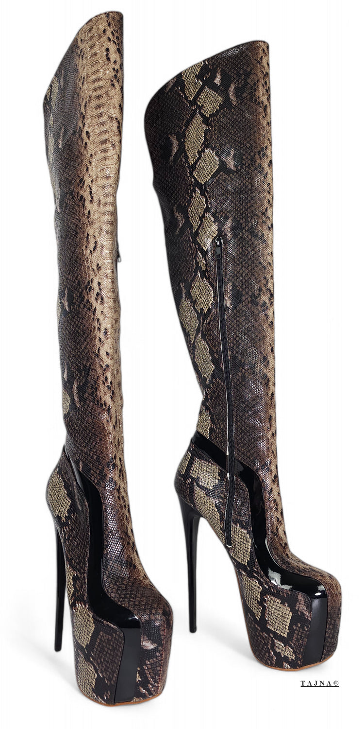 Dark Brown Exotic Snake Print High Heel Boots