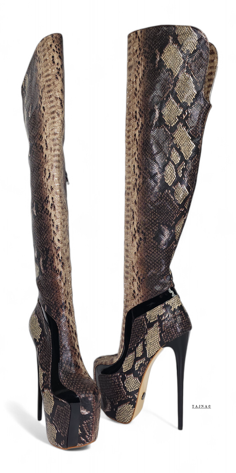 Dark Brown Exotic Snake Print High Heel Boots