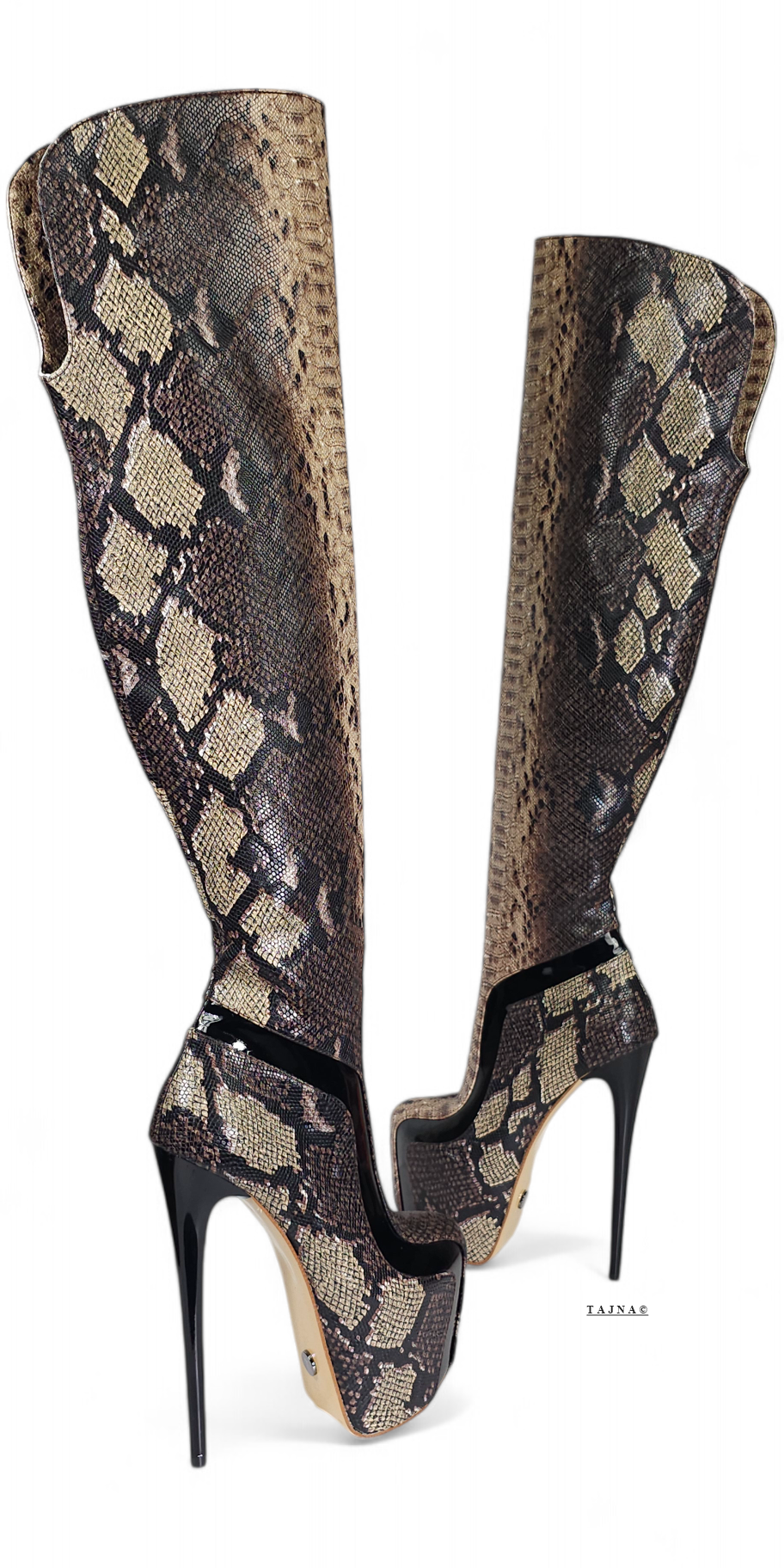 Dark Brown Exotic Snake Print High Heel Boots