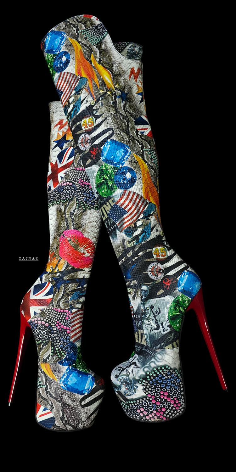 Rock n Roll Flag Designer Over Knee High Heel Boots