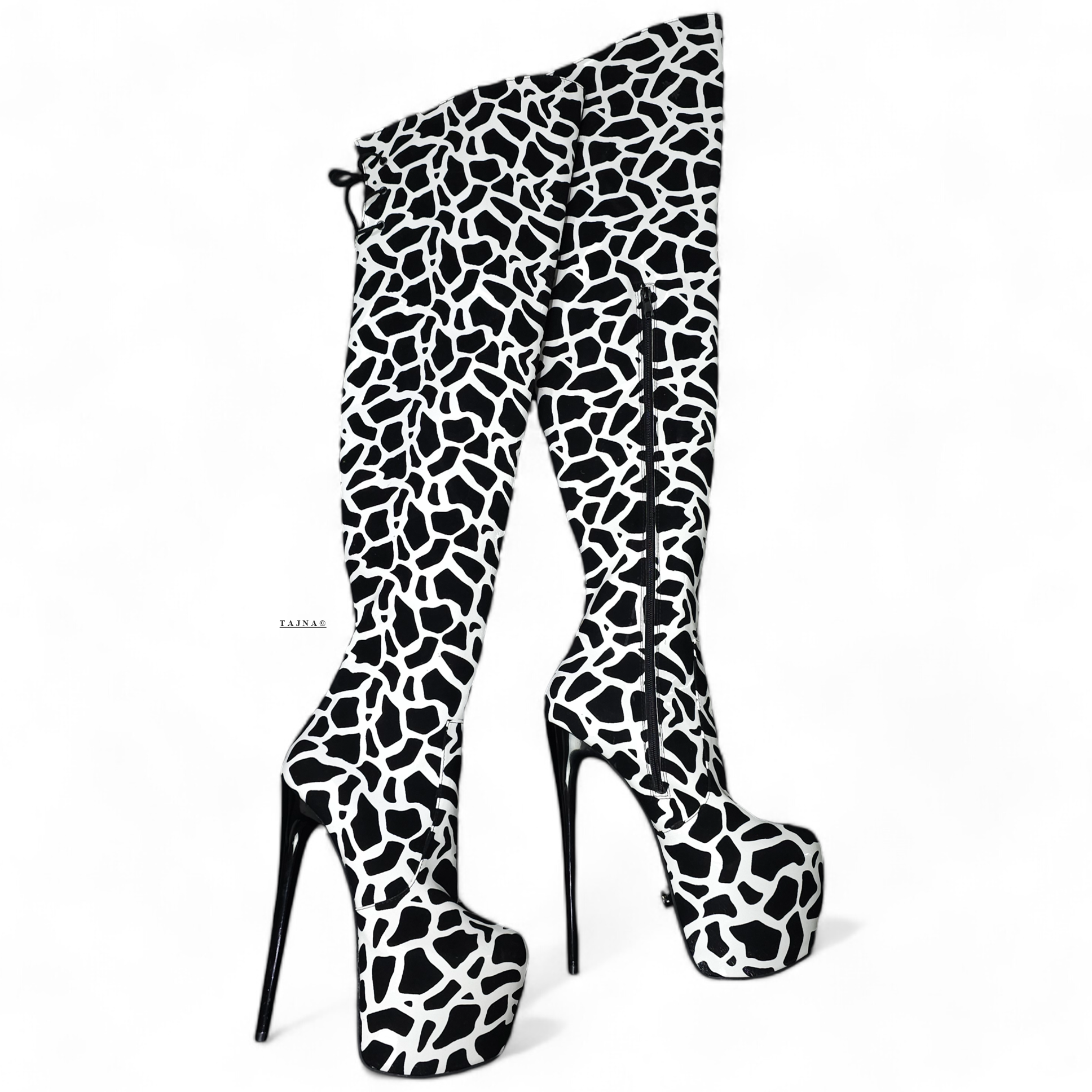 Black White Leopard Over The Knee Boots