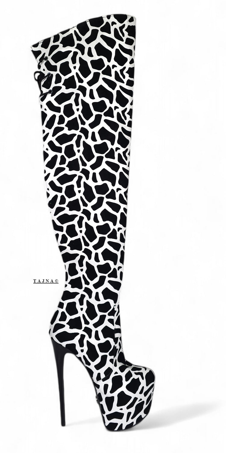 Black White Leopard Over The Knee Boots