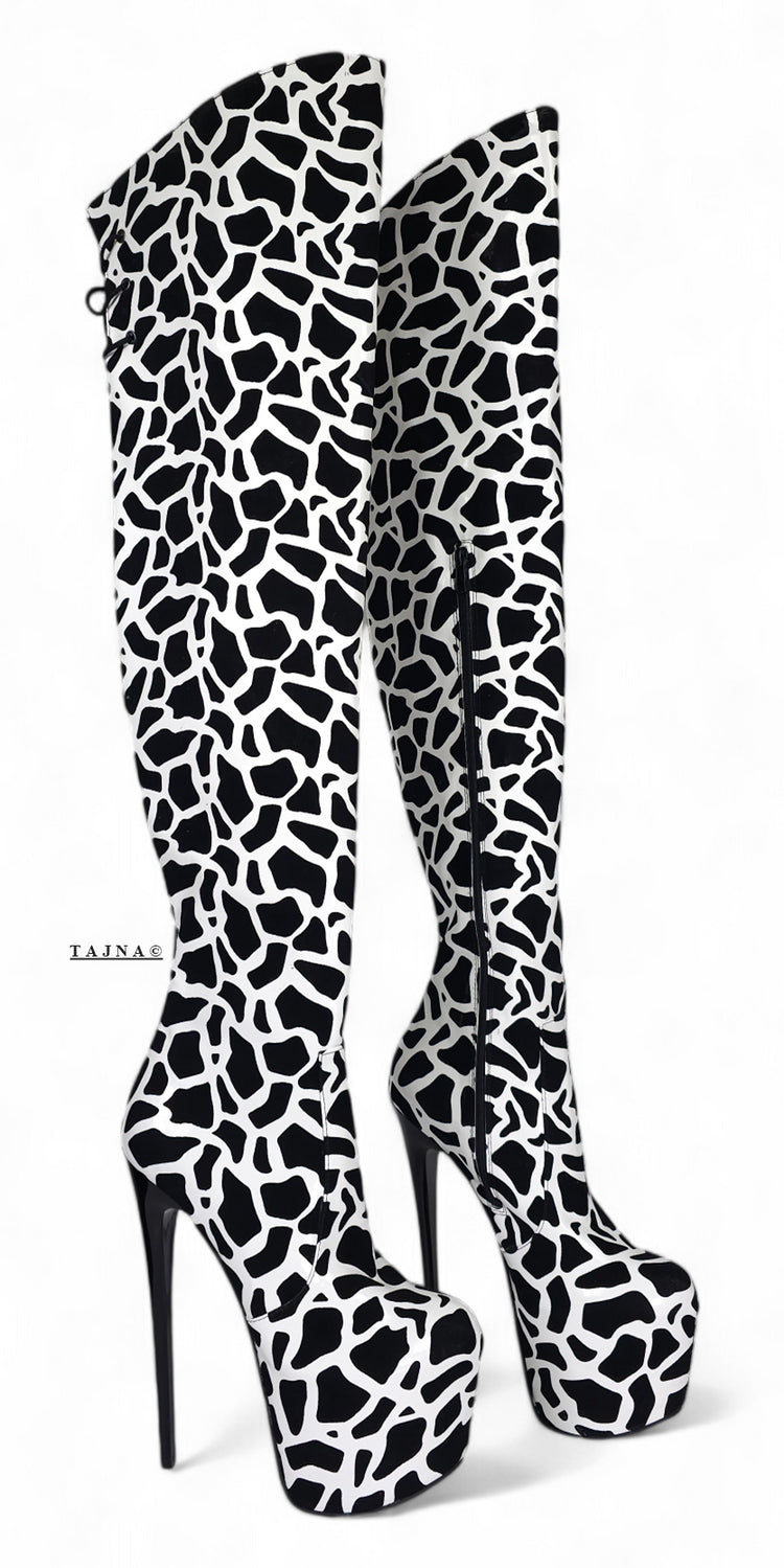 Black White Leopard Over The Knee Boots