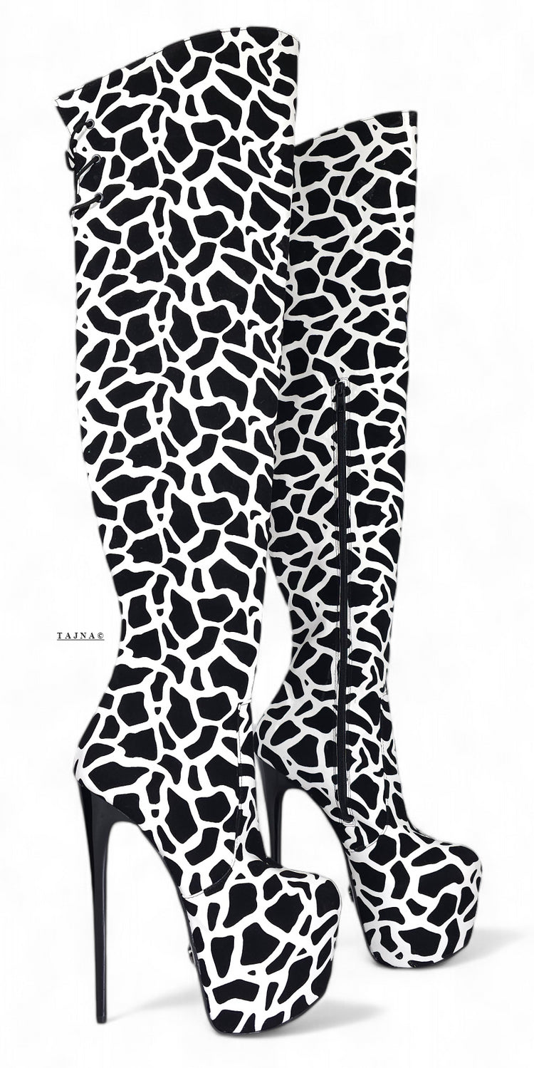 Black White Leopard Over The Knee Boots