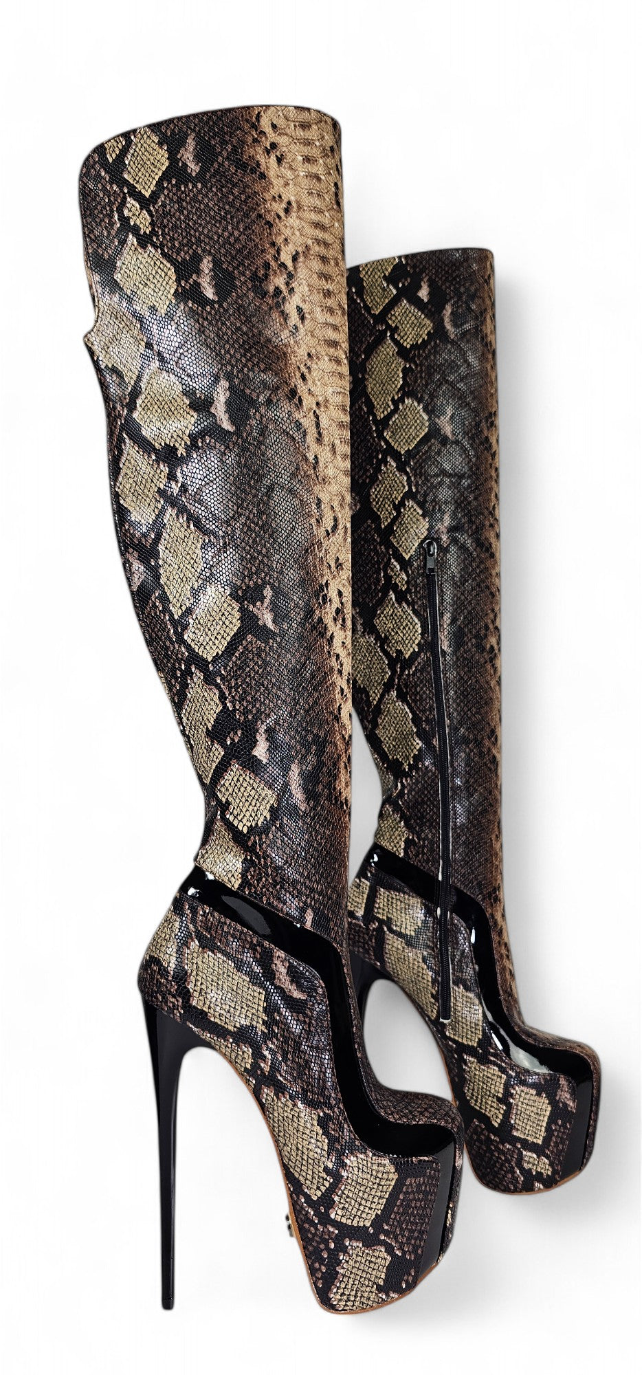 Dark Brown Exotic Snake Print High Heel Boots