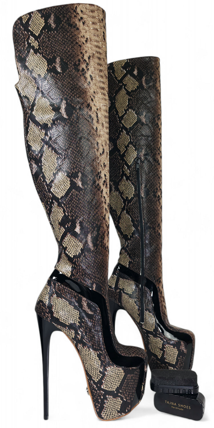 Dark Brown Exotic Snake Print High Heel Boots