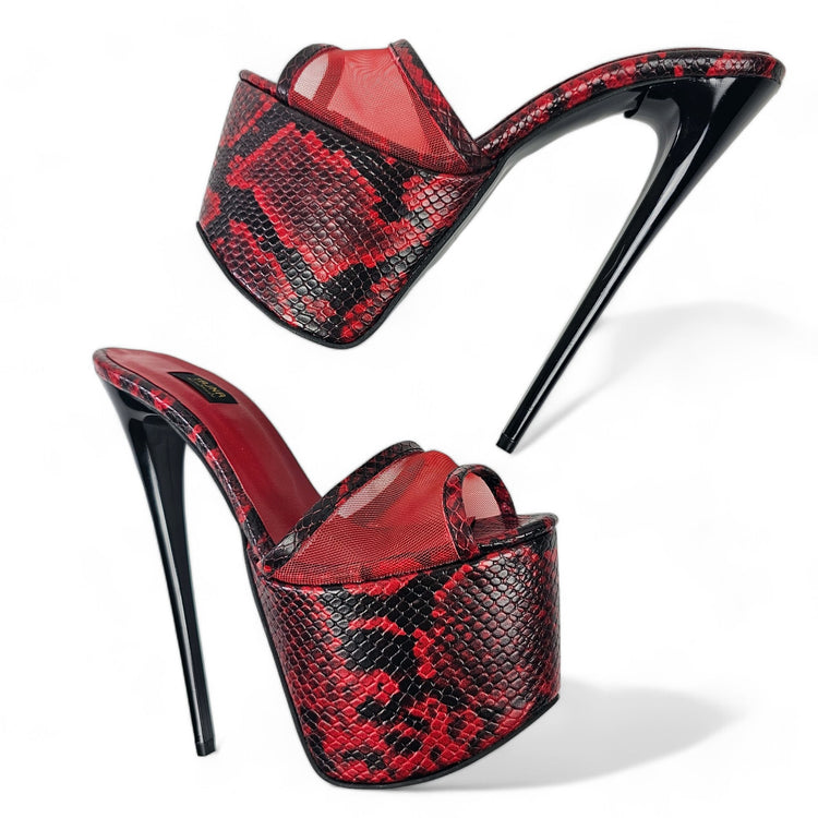 Snake Print Red Black Transparent High Heel Leather Slippers