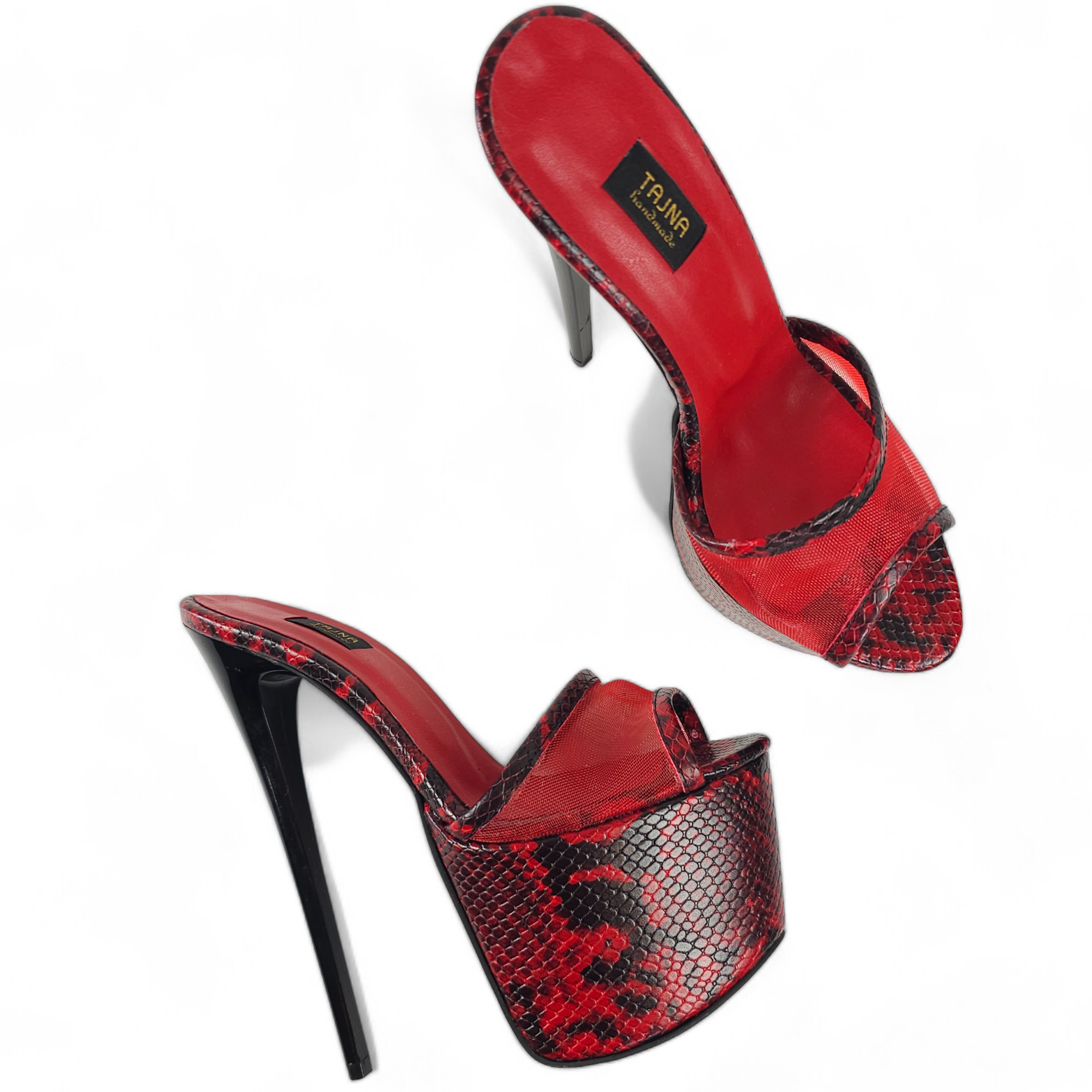Snake Print Red Black Transparent High Heel Leather Slippers