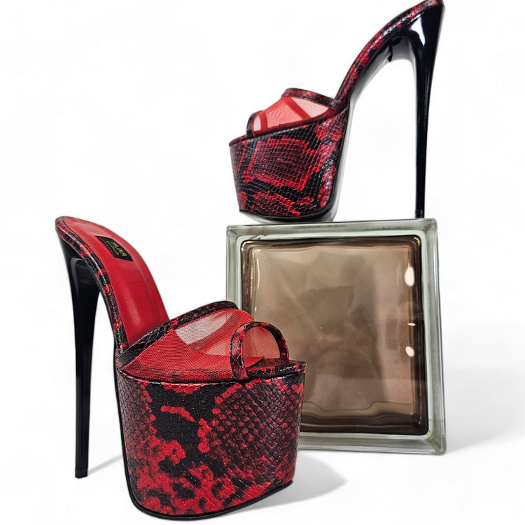 Snake Print Red Black Transparent High Heel Leather Slippers