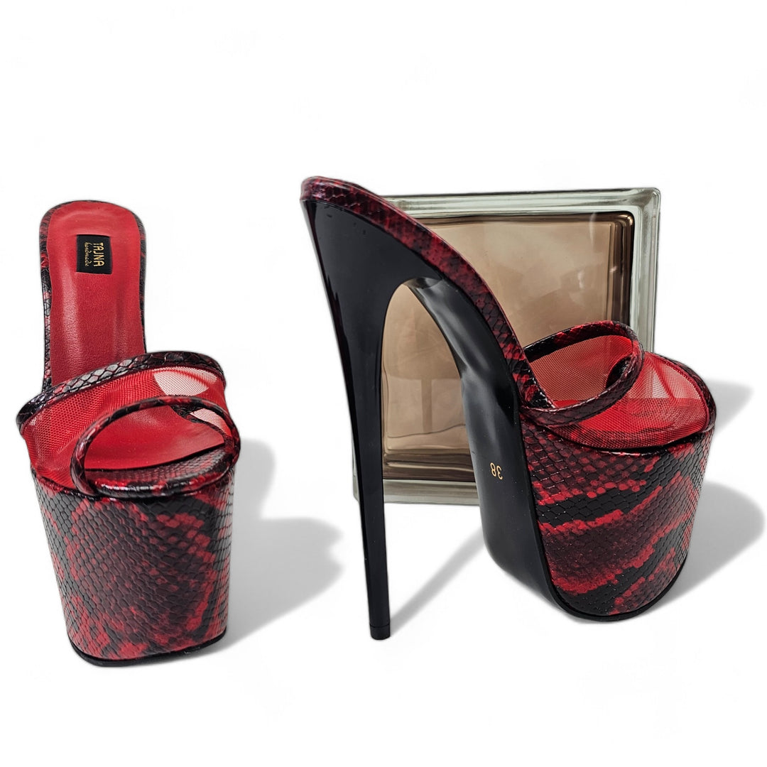 Snake Print Red Black Transparent High Heel Leather Slippers