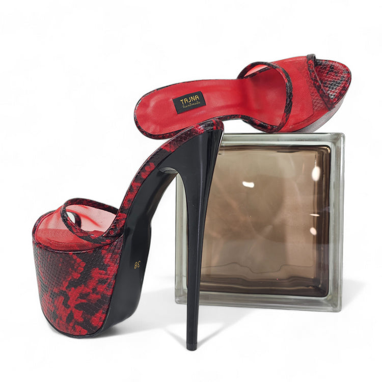 Snake Print Red Black Transparent High Heel Leather Slippers