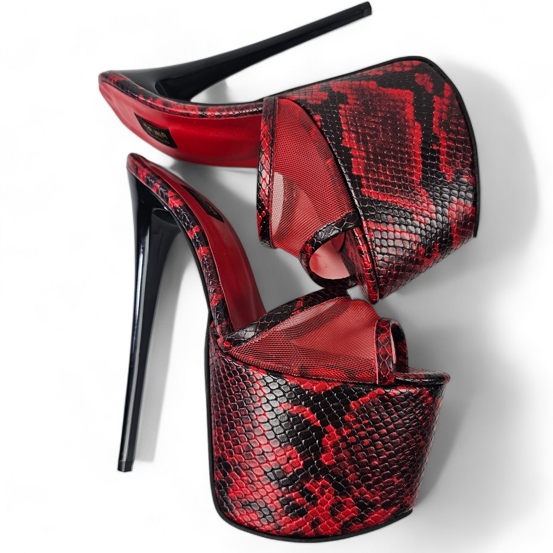 Snake Print Red Black Transparent High Heel Leather Slippers