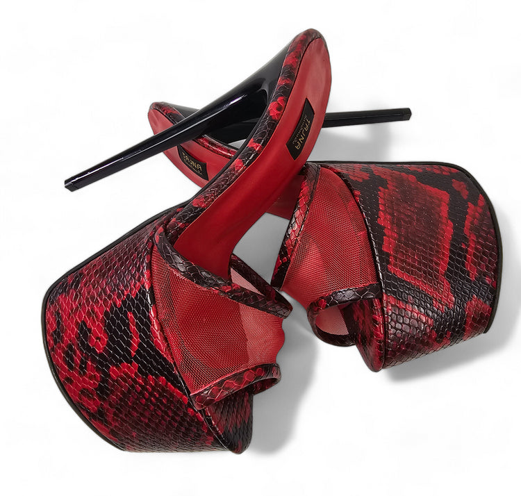 Snake Print Red Black Transparent High Heel Leather Slippers