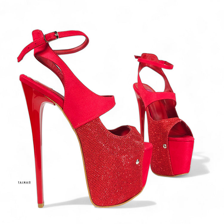 Red Suede Shimmer Detail High Heel Sandals