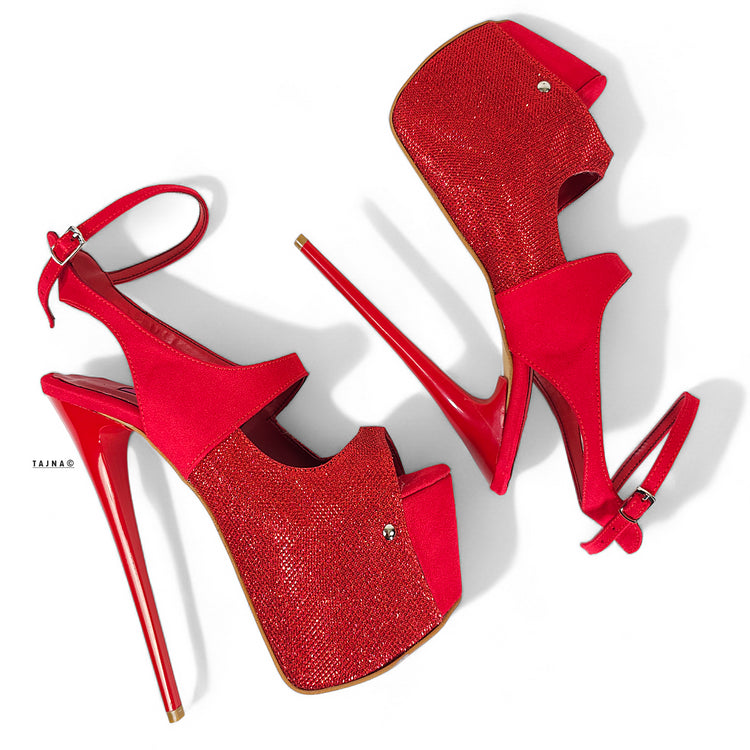 Red Suede Shimmer Detail High Heel Sandals