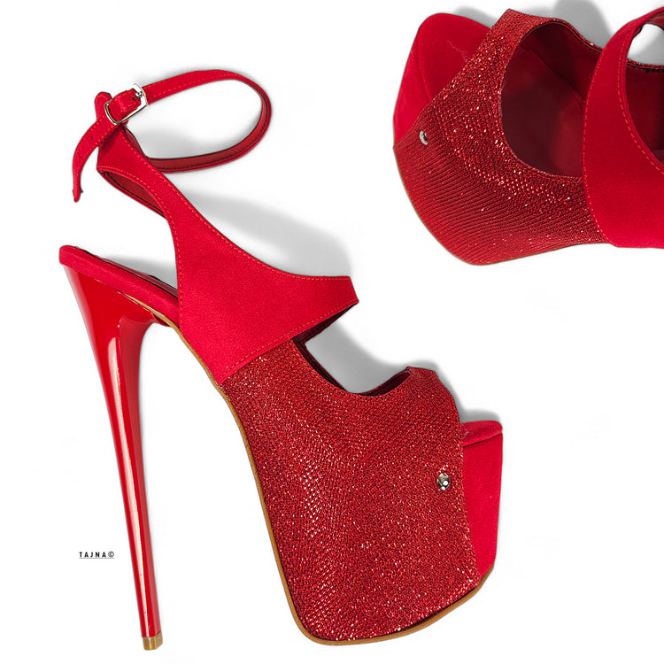 Red Suede Shimmer Detail High Heel Sandals