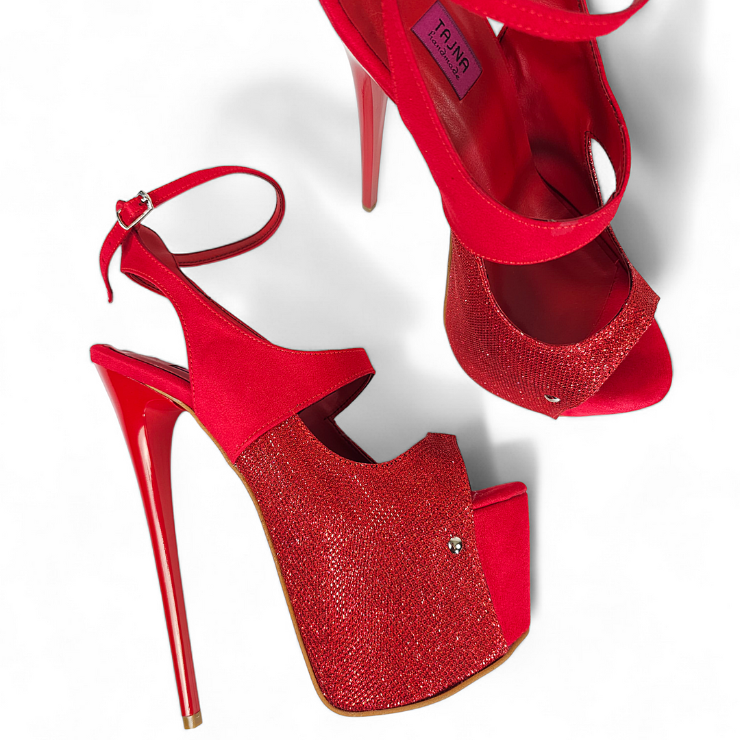 Red Suede Shimmer Detail High Heel Sandals