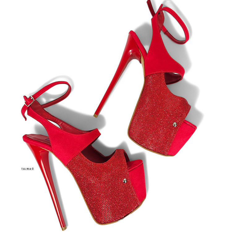 Red Suede Shimmer Detail High Heel Sandals