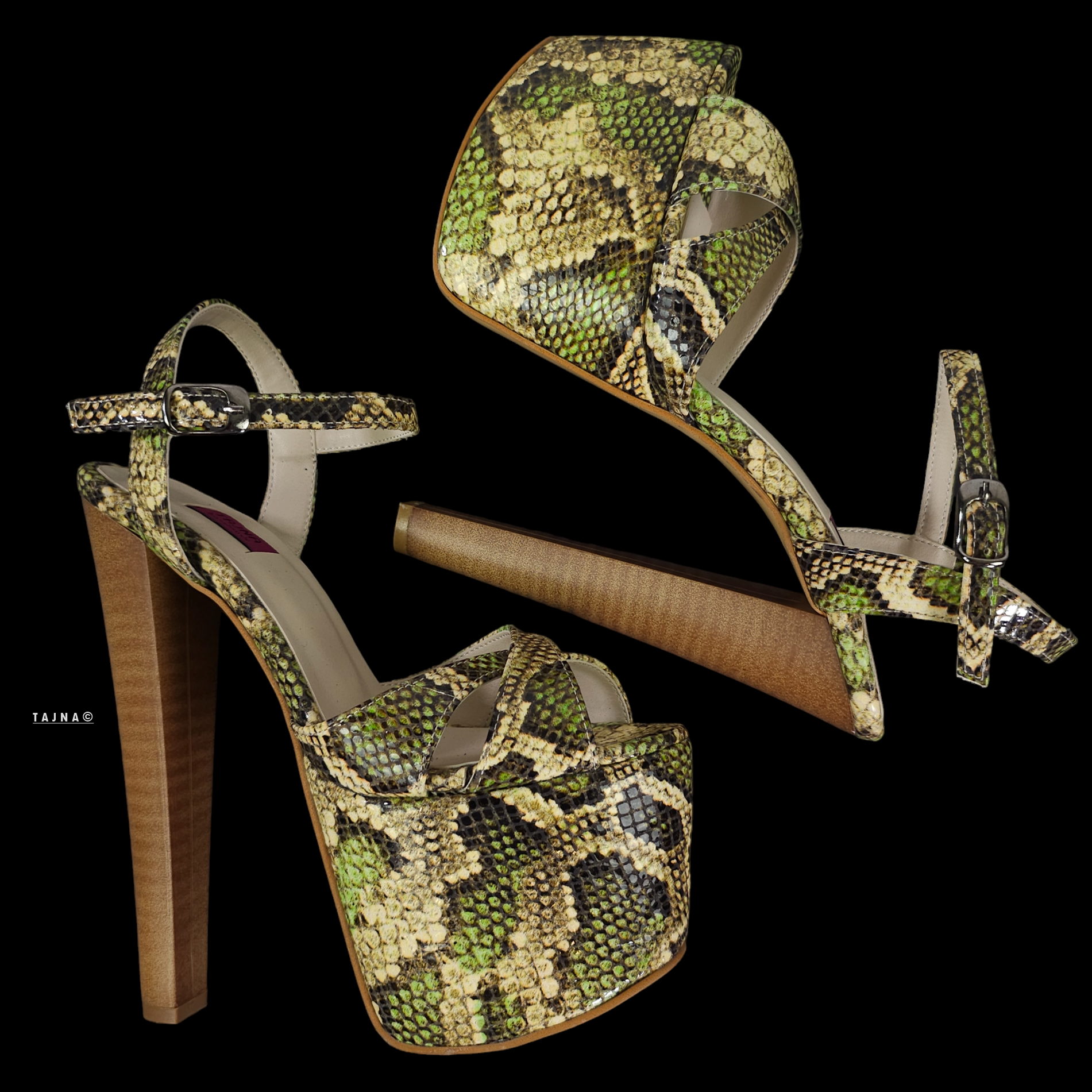 Green Snake Print Exotic Leather High Heel Sandals