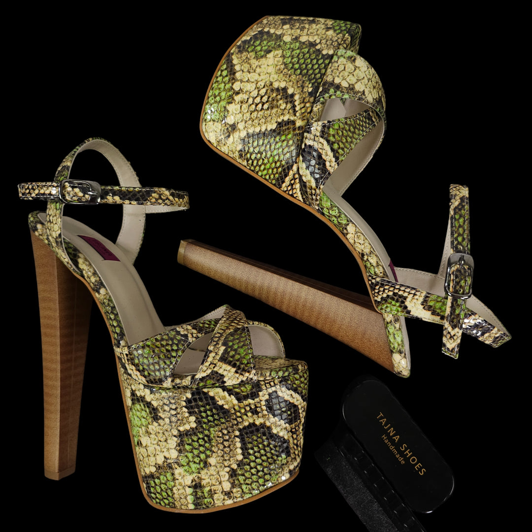 Green Snake Print Exotic Leather High Heel Sandals