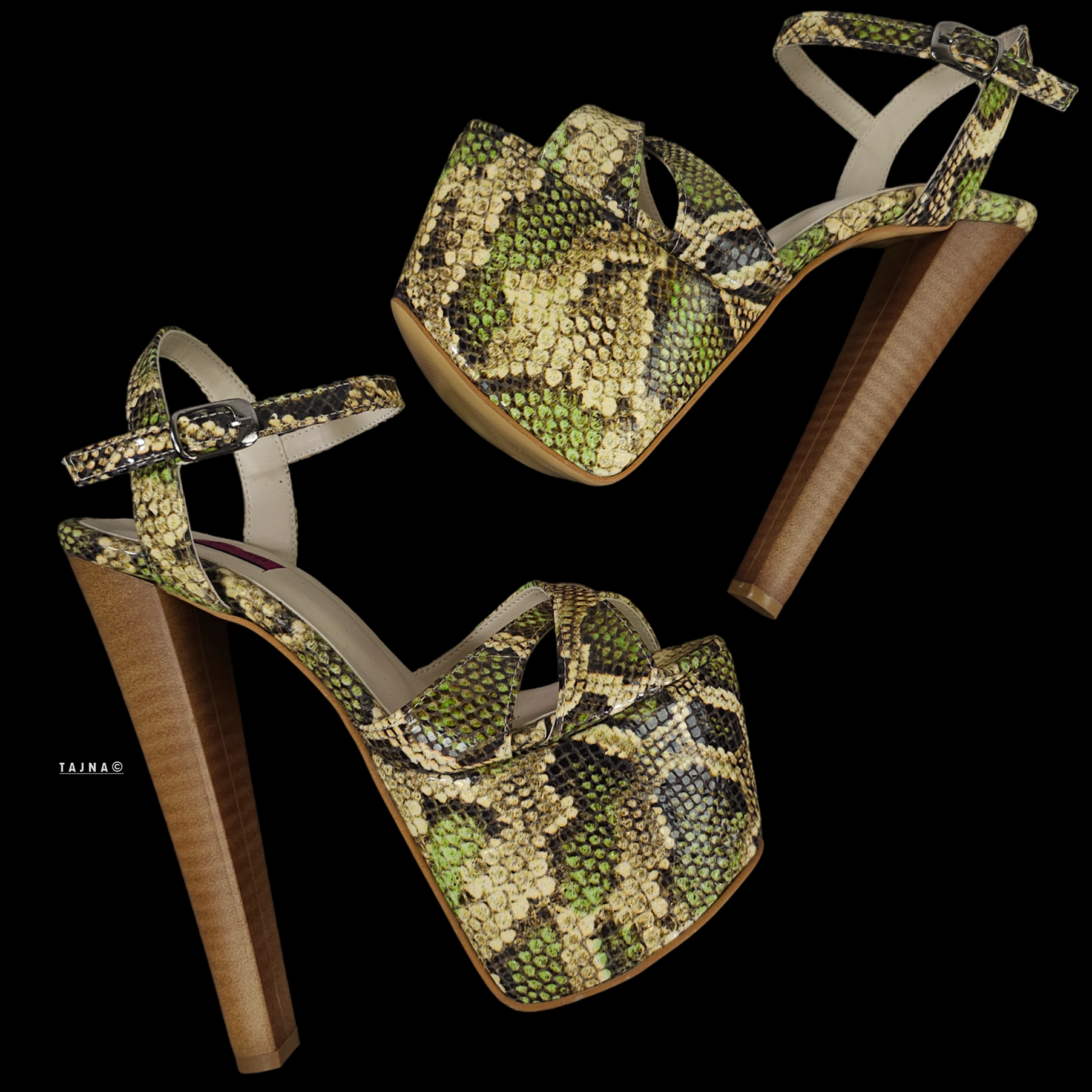 Green Snake Print Exotic Leather High Heel Sandals