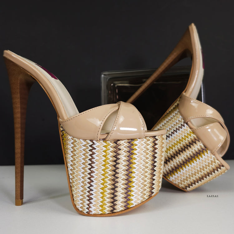 Beige Nude Gloss Ethnic Print High Heel Mules