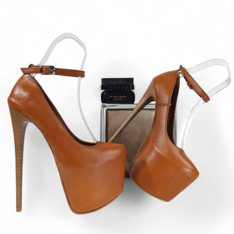 Tobacco Brown Ankle Strap High Heel Pumps