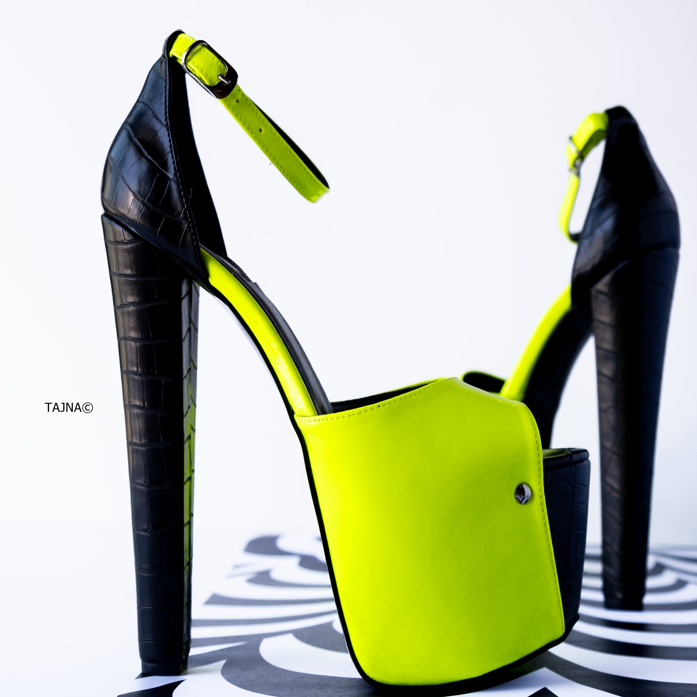 Yellow Neon Black Croco Detail Chunky High Heels Tajna Club