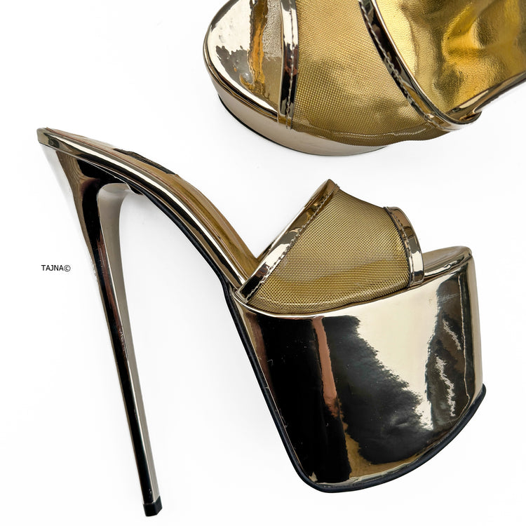 Gold Mirror Transparent Strap High Heel Mules
