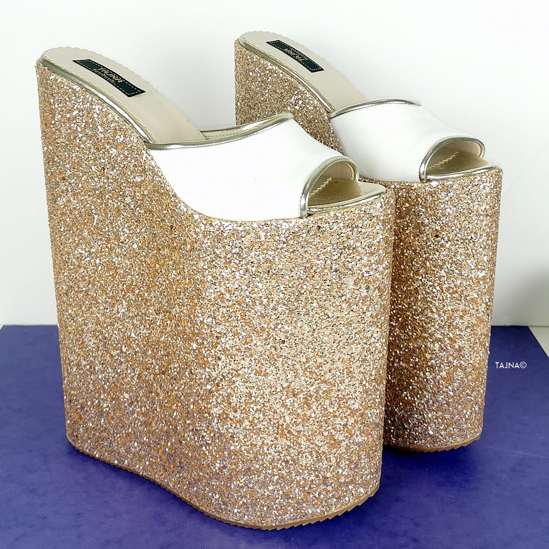 Gold White 11 inches High Heel  Wedge Mules - Tajna Club