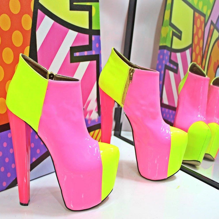 Pink Yellow Ankle Boots Platform High Pink Heel Shoes - Tajna Club