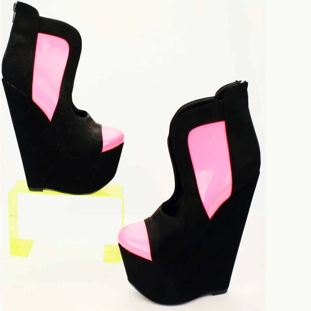 Black Pink Slit Ankle 17 cm Heel Wedge Booties - Tajna Club