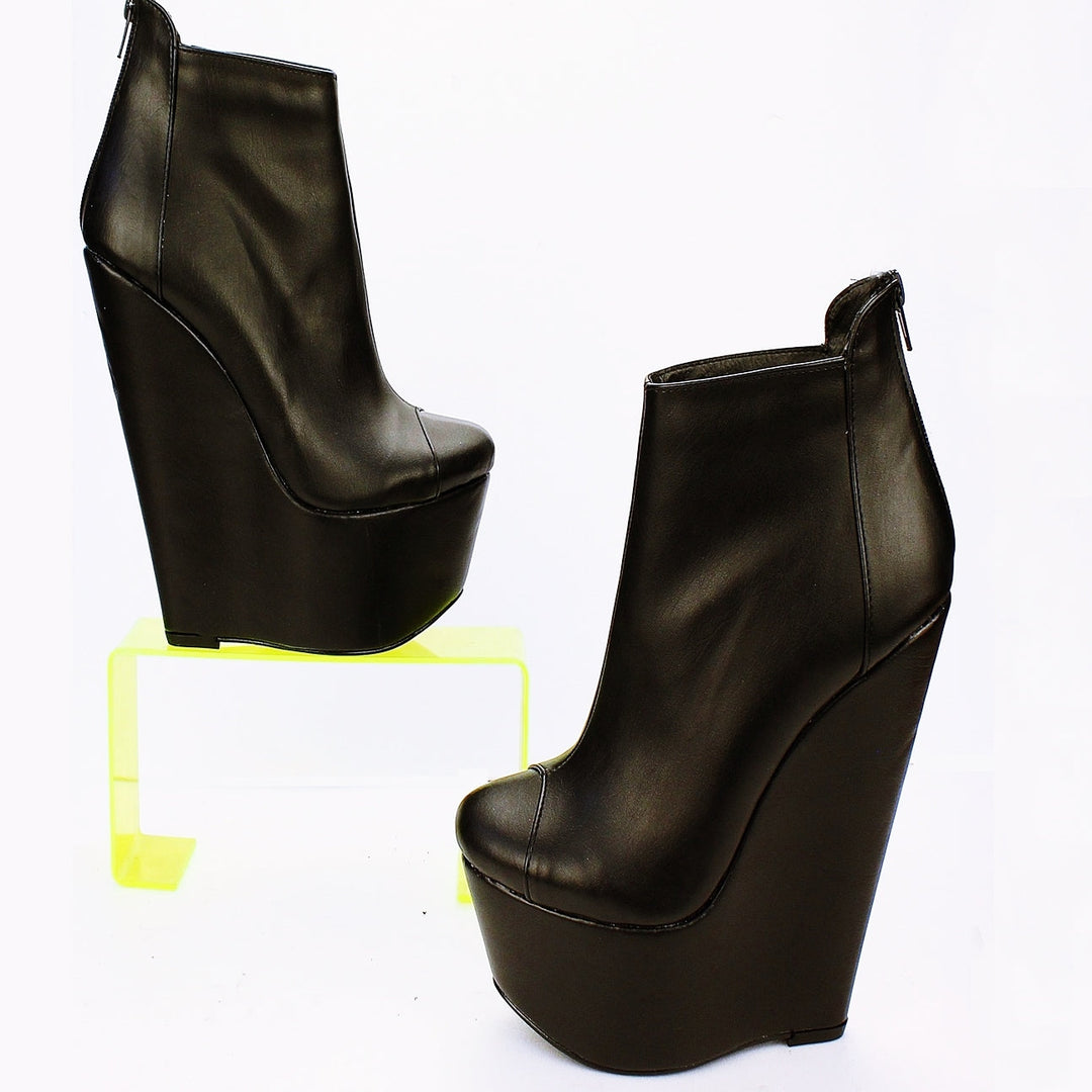 Black Faux Leather Ankle 17 cm Heel Wedge Booties - Tajna Club