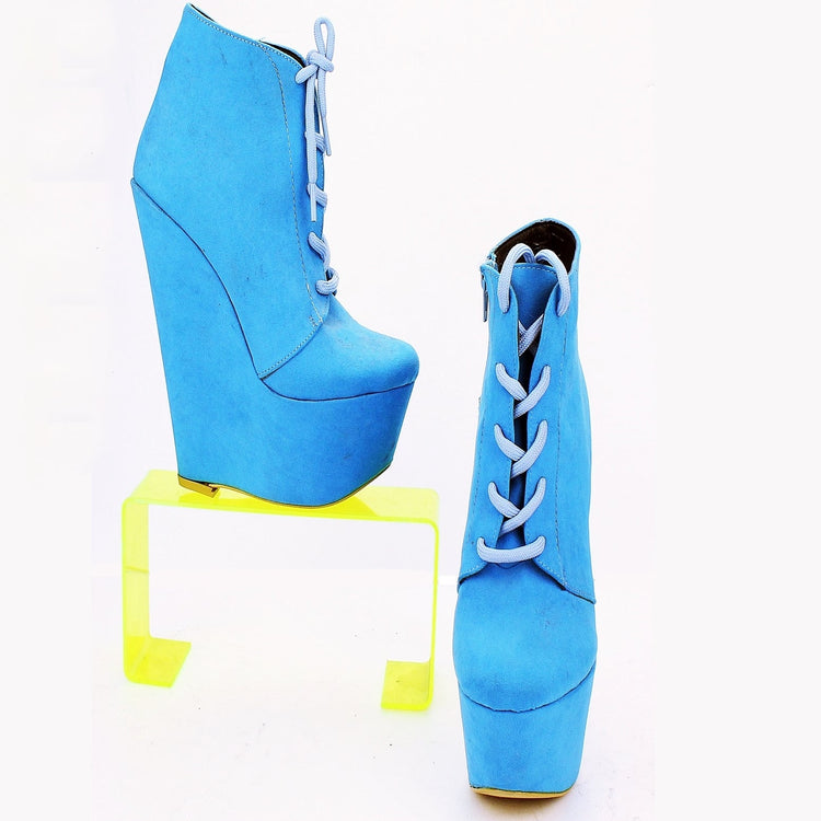 Blue Lace Up Ankle 17 cm Heel Wedge Booties - Tajna Club