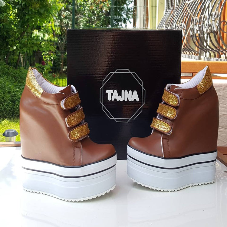 Brown Gold Wedge Casual Platform Shoes - Tajna Club