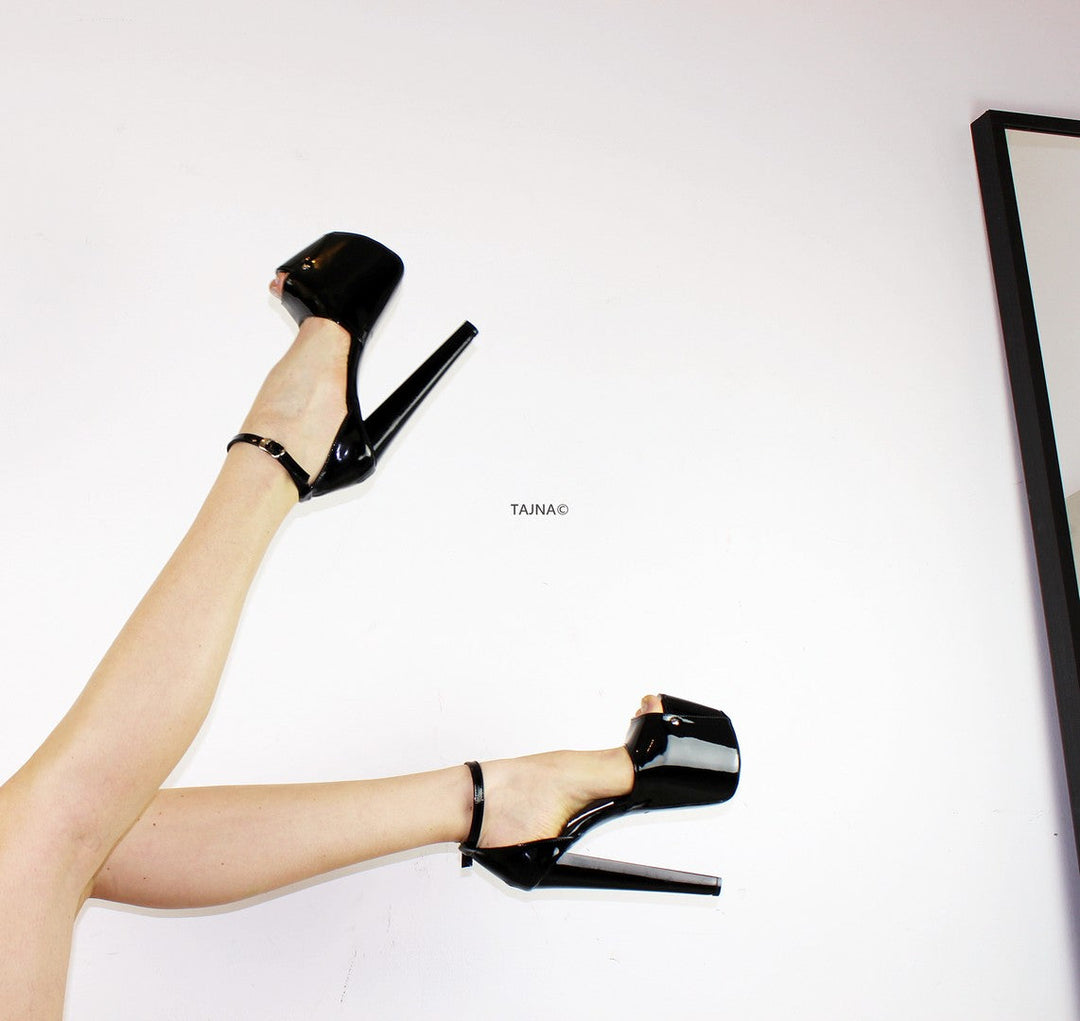 Black Patent Ankle Strap Thick Heels - Tajna Club
