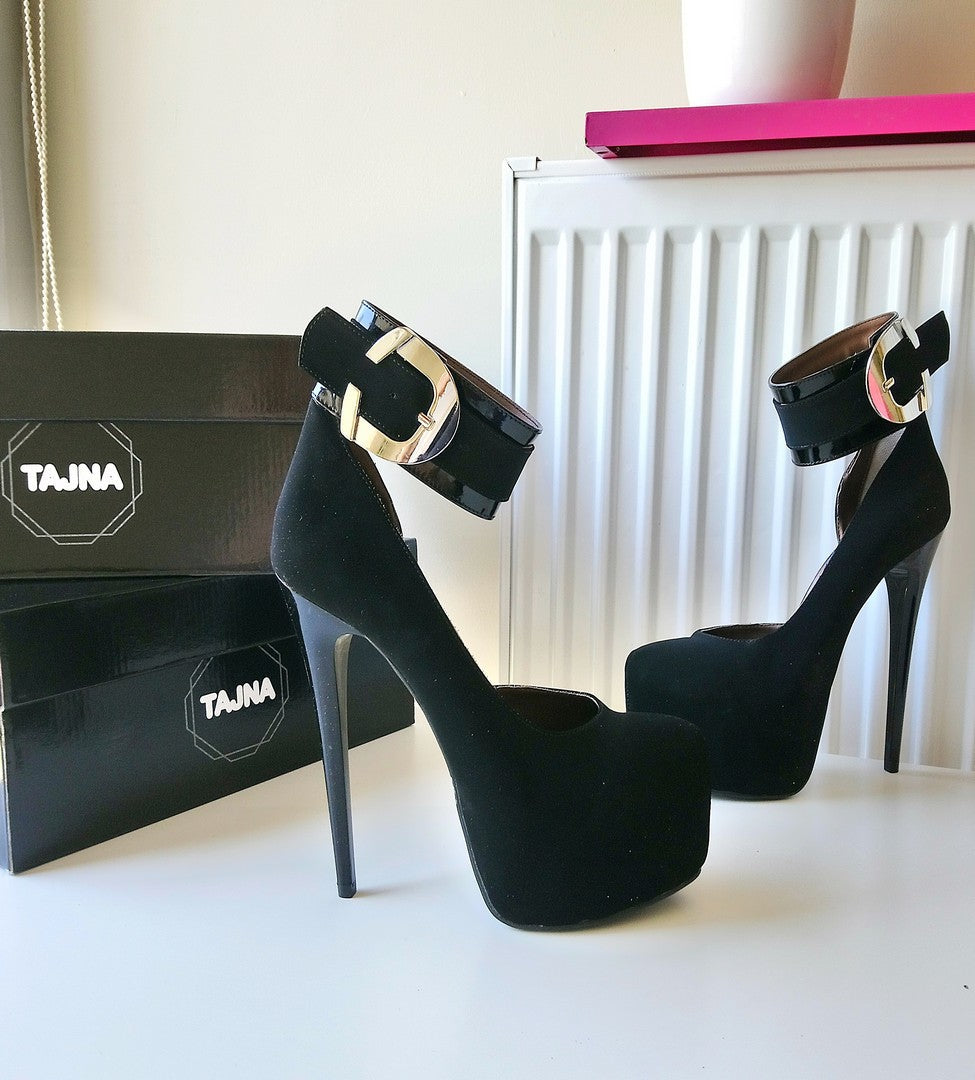 Black Faux Suede Belted Ankle Strap Platform Shoes - Tajna Club
