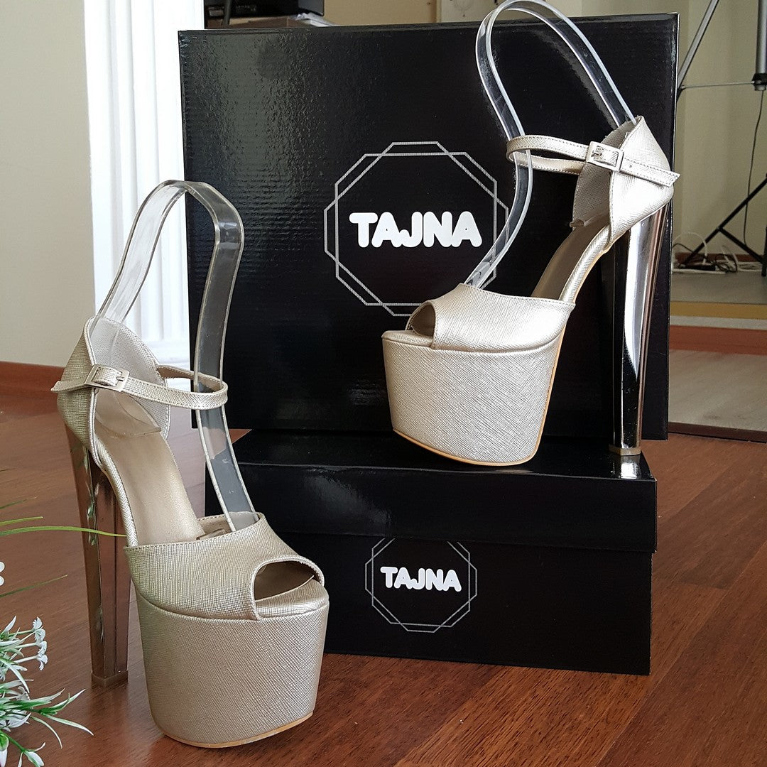 Dark Gold Strap Silver 19 cm Platform Shoes - Tajna Club