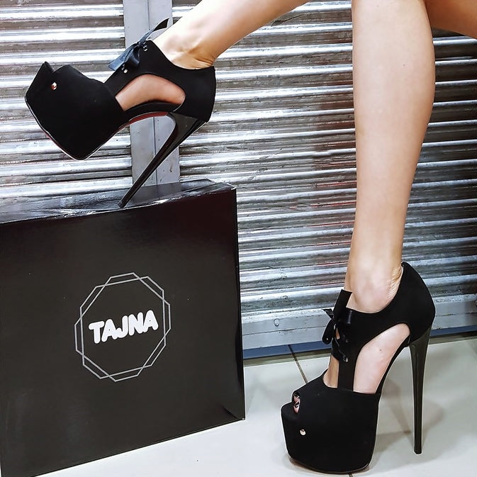 Black Faux Suede Peep Toe Lace Up Platforms - Tajna Club