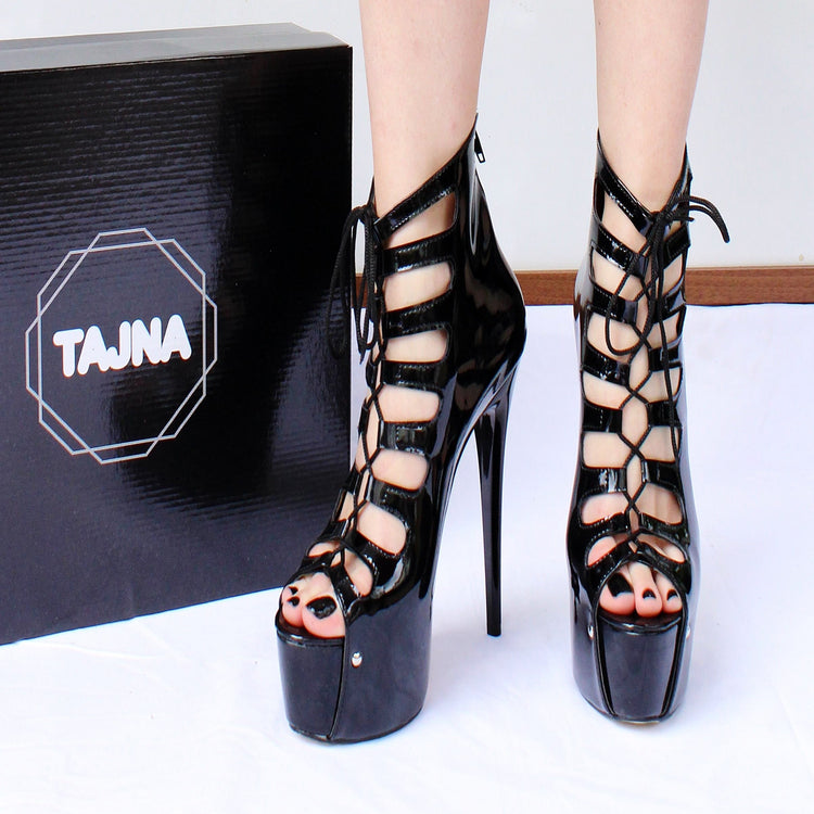 Gladiator Black Patent Leather Peep Toe Platform Shoes - Tajna Club