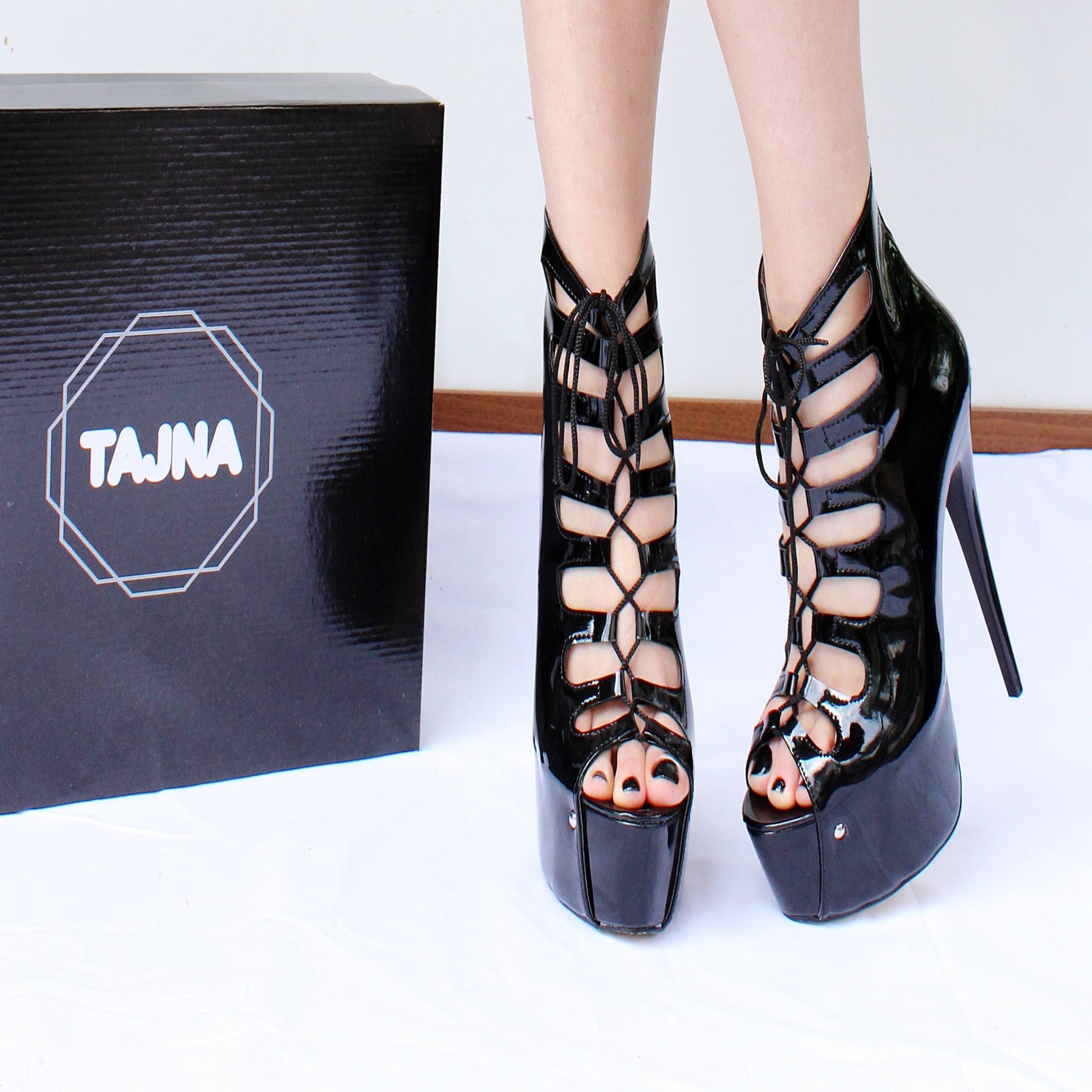 Gladiator Black Patent Leather Peep Toe Platform Shoes - Tajna Club