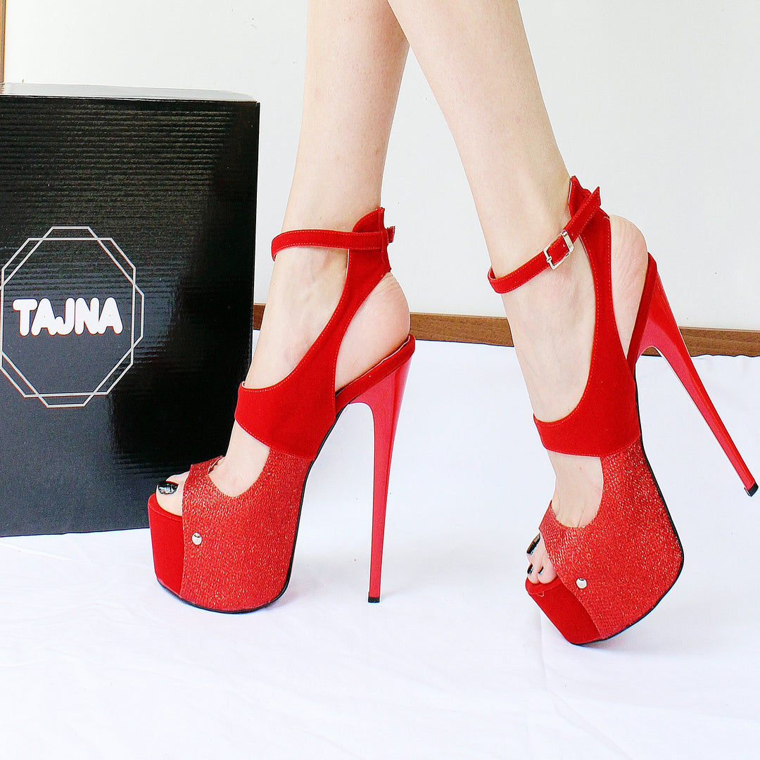 Shiny Red Faux Suede Peep Toe Platform Shoes - Tajna Club