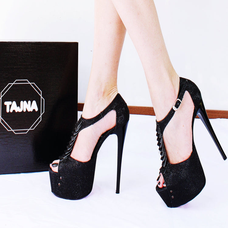 Black Shiny Ribbon Peep Toe Platform Shoes - Tajna Club