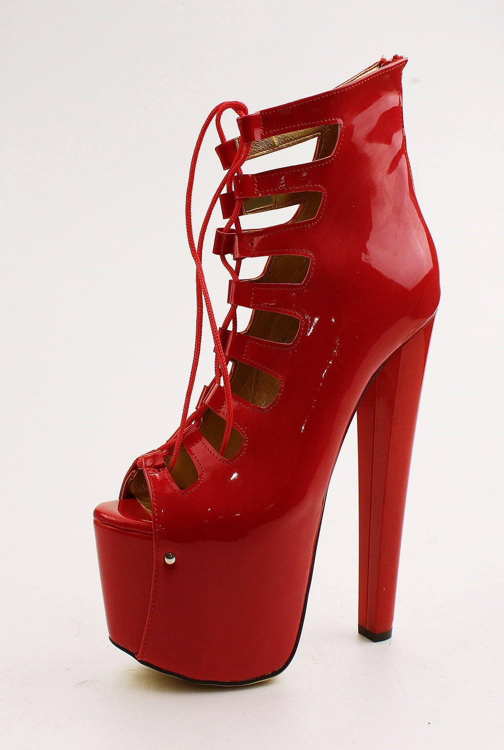 Red Patent Leather Gladiator Peep Toe Platform Shoes - Tajna Club