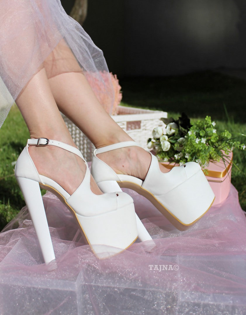 Ankle Cross Strap Peep Toe White Platform Shoes - Tajna Club