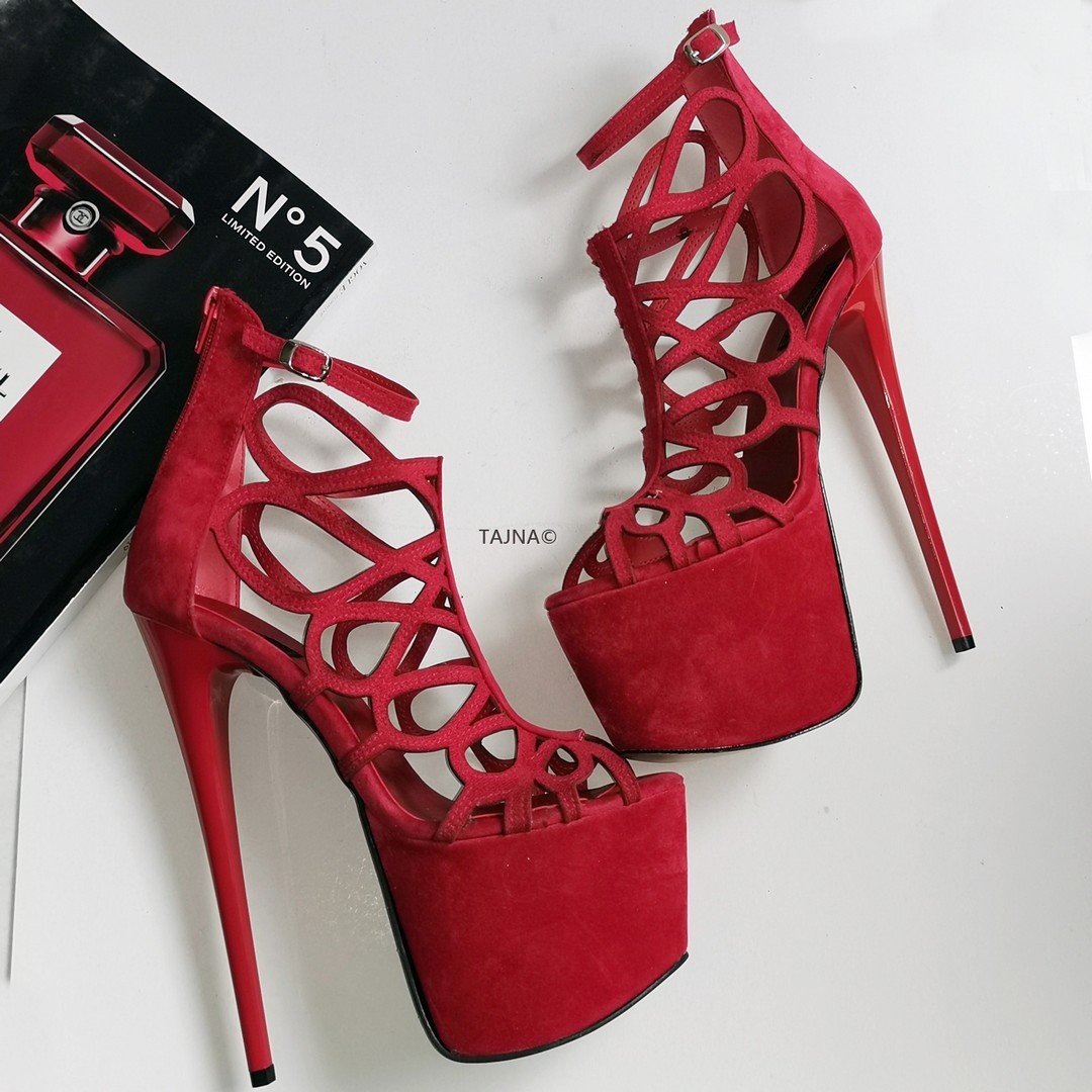 Red Suede Lazer Cage High Heels - Tajna Club