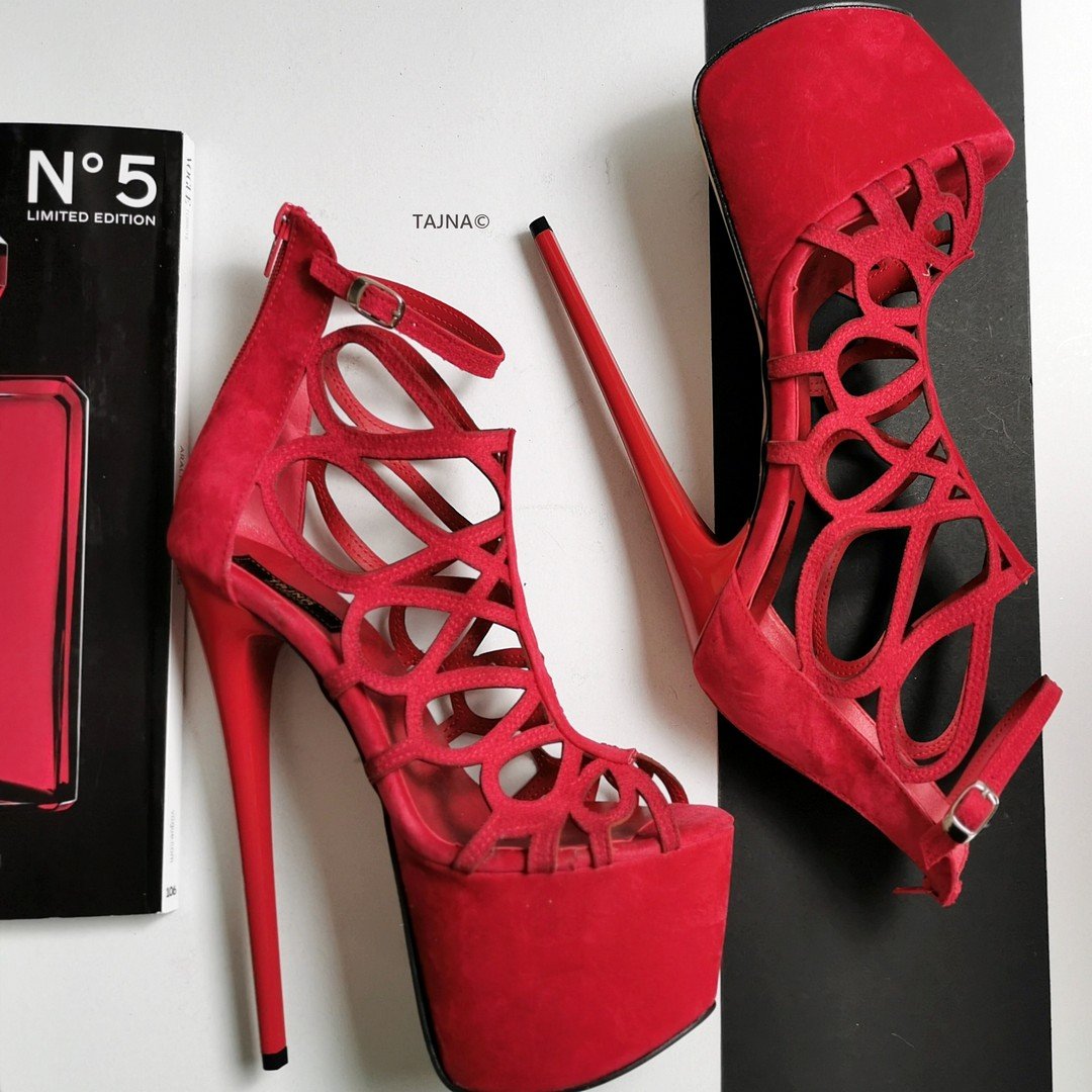 Red Suede Lazer Cage High Heels - Tajna Club